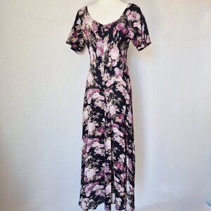 Vintage Starina Floral Fit-Flare Maxi Dress Short Sleeve Rayon Multicolor